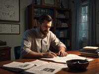 Default_A_man_sitting_at_an_office_table_with_books_writing_on_1.jpg